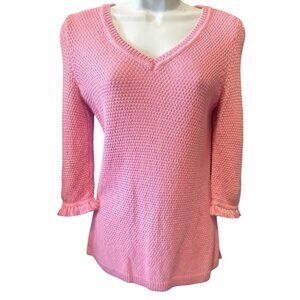 Talbots Knit Top Petite Womens 3/4 Sleeve Pink Stretch Boho Fringed Sleeve Cotto
